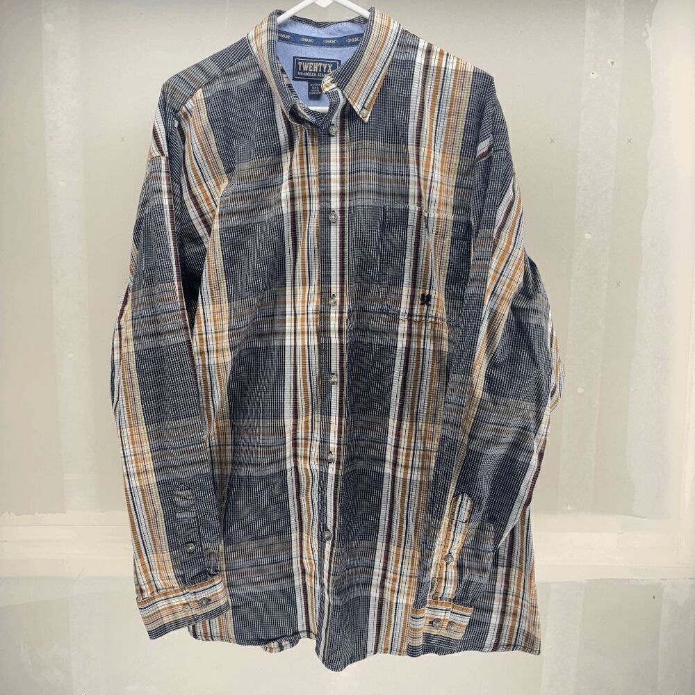 Wrangler 20x Shirt Mens XXL Yellow Black Plaid Heavy Flannel Button‎ Down EUC